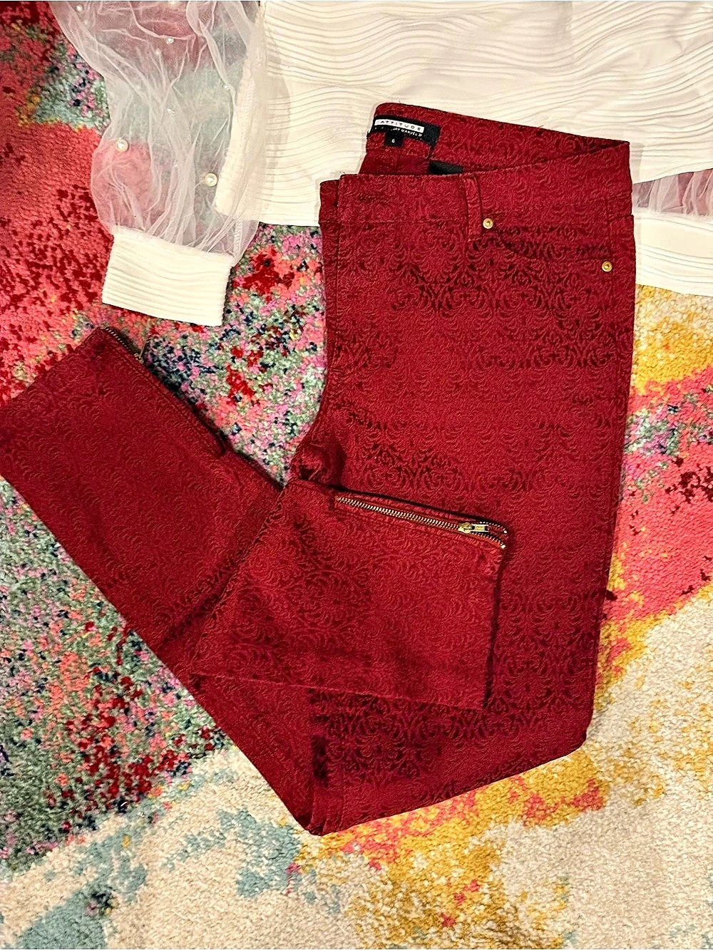 Paisley Textured  Straight Leg Pants in Red